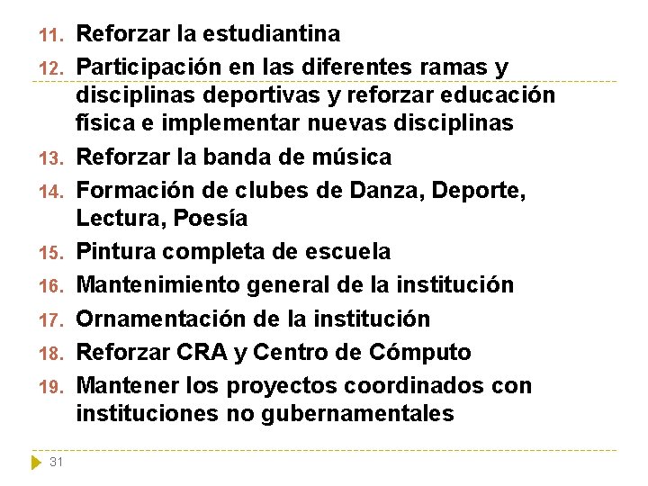 11. 12. 13. 14. 15. 16. 17. 18. 19. 31 Reforzar la estudiantina Participación