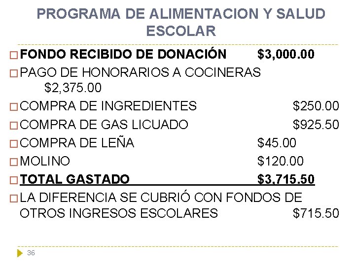 PROGRAMA DE ALIMENTACION Y SALUD ESCOLAR � FONDO RECIBIDO DE DONACIÓN $3, 000. 00