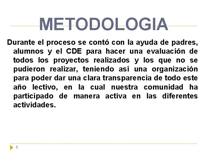 METODOLOGIA Durante el proceso se contó con la ayuda de padres, alumnos y el