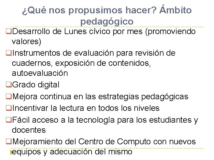 ¿Qué nos propusimos hacer? Ámbito pedagógico q. Desarrollo de Lunes cívico por mes (promoviendo