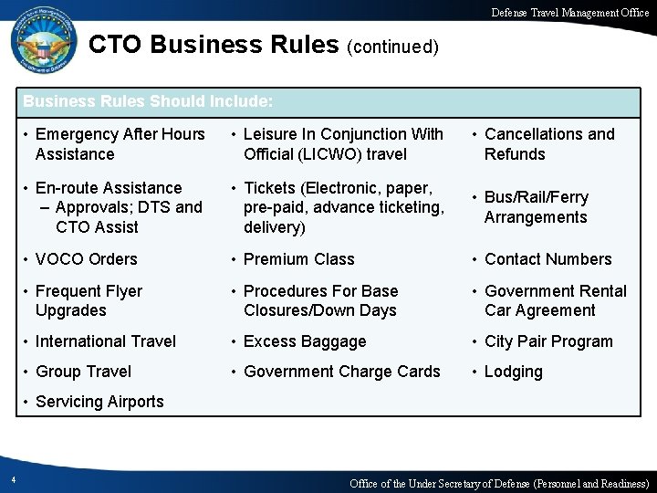 Defense Travel Management Office CTO Business Rules (continued) Business Rules Should Include: • Emergency