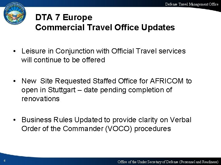 Defense Travel Management Office DTA 7 Europe Commercial Travel Office Updates • Leisure in