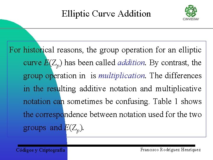 Elliptic Curve Addition For historical reasons, the group operation for an elliptic curve E(Zp)