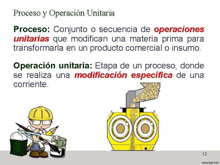 Proceso y Operación Unitaria Proceso: Conjunto o secuencia de operaciones unitarias que modifican una