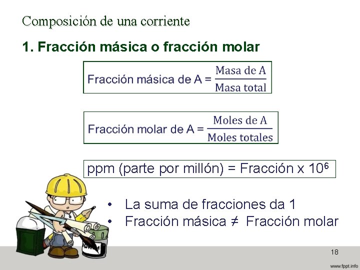 Composición de una corriente 1. Fracción másica o fracción molar ppm (parte por millón)