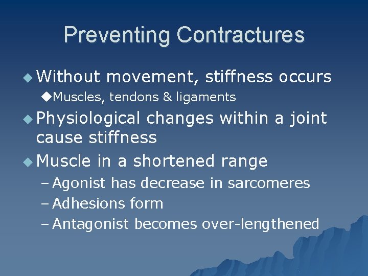 Preventing Contractures u Without movement, stiffness occurs u. Muscles, tendons & ligaments u Physiological