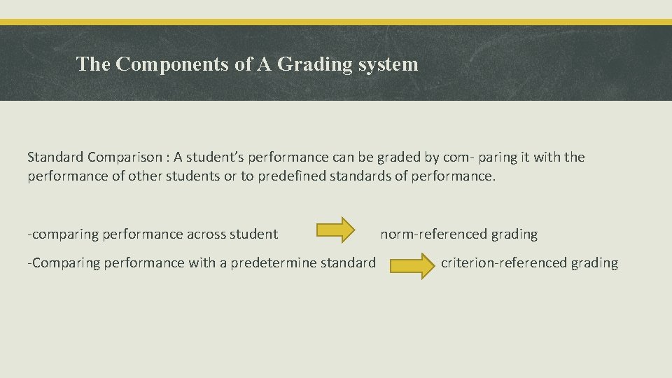 The Components of A Grading system Standard Comparison : A student’s performance can be The Components of A Grading system Standard Comparison : A student’s performance can be