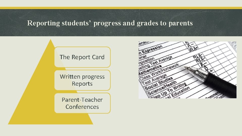 Reporting students’ progress and grades to parents The Report Card Written progress Reports Parent-Teacher Reporting students’ progress and grades to parents The Report Card Written progress Reports Parent-Teacher