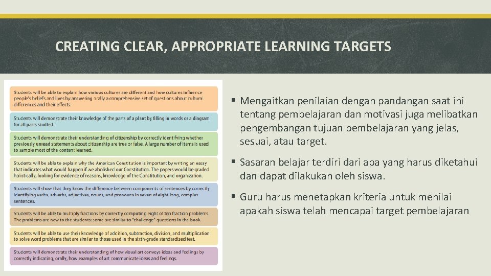 CREATING CLEAR, APPROPRIATE LEARNING TARGETS § Mengaitkan penilaian dengan pandangan saat ini tentang pembelajaran CREATING CLEAR, APPROPRIATE LEARNING TARGETS § Mengaitkan penilaian dengan pandangan saat ini tentang pembelajaran