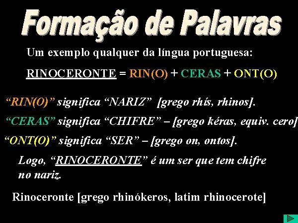 Formação de Palavras Um exemplo qualquer da língua portuguesa: RINOCERONTE = RIN(O) + CERAS