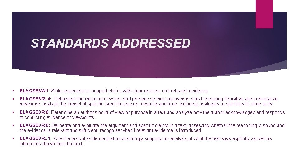 STANDARDS ADDRESSED § ELAGSE 8 W 1: Write arguments to support claims with clear