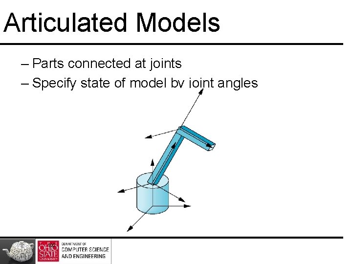 Articulated Models – Parts connected at joints – Specify state of model by joint Articulated Models – Parts connected at joints – Specify state of model by joint
