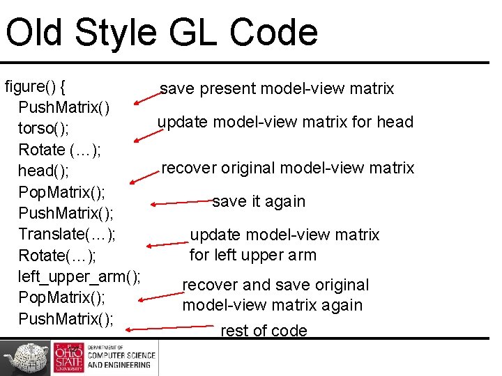 Old Style GL Code figure() { save present model-view matrix Push. Matrix() update model-view Old Style GL Code figure() { save present model-view matrix Push. Matrix() update model-view