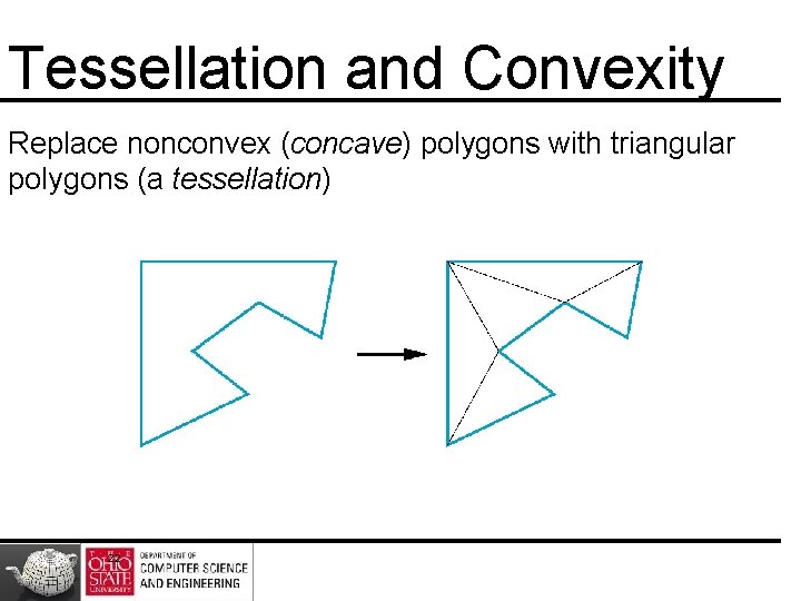 Tessellation and Convexity Replace nonconvex (concave) polygons with triangular polygons (a tessellation) 22 Tessellation and Convexity Replace nonconvex (concave) polygons with triangular polygons (a tessellation) 22