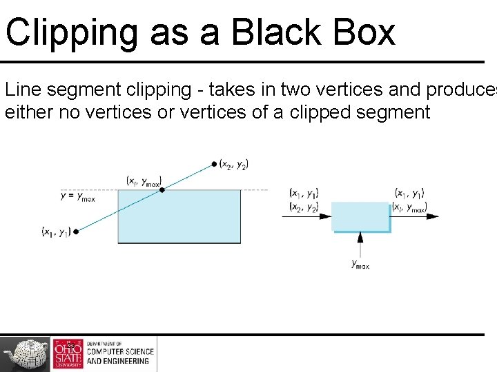 Clipping as a Black Box Line segment clipping - takes in two vertices and Clipping as a Black Box Line segment clipping - takes in two vertices and
