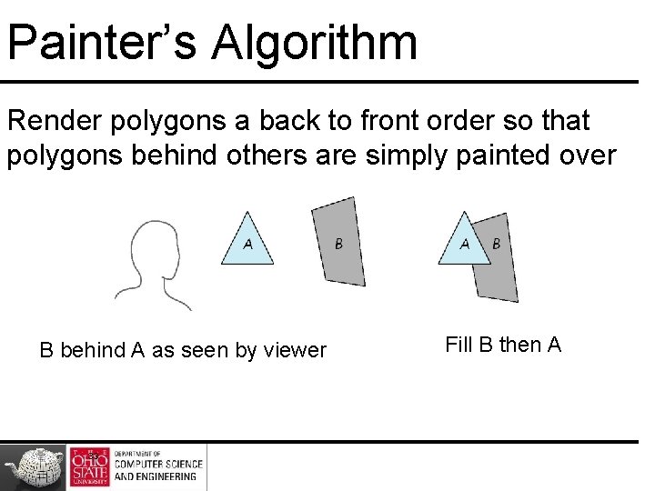 Painter’s Algorithm Render polygons a back to front order so that polygons behind others Painter’s Algorithm Render polygons a back to front order so that polygons behind others