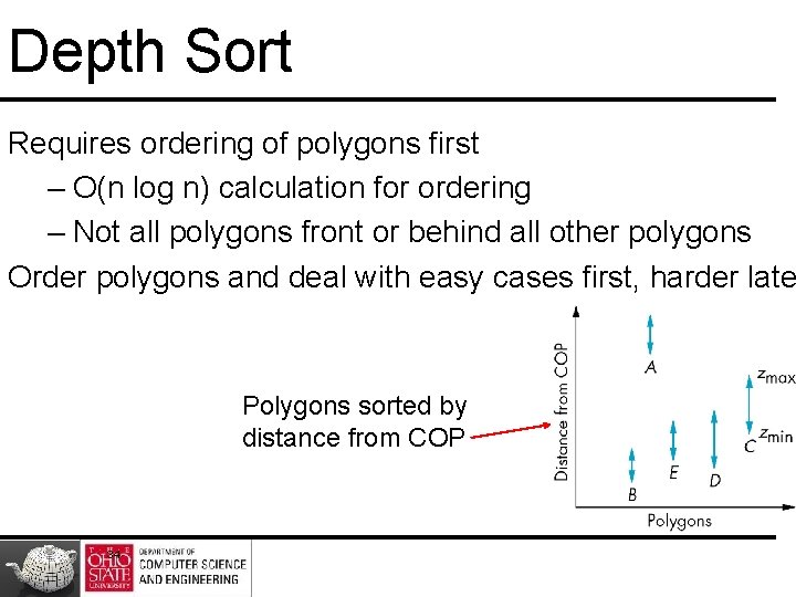 Depth Sort Requires ordering of polygons first – O(n log n) calculation for ordering Depth Sort Requires ordering of polygons first – O(n log n) calculation for ordering