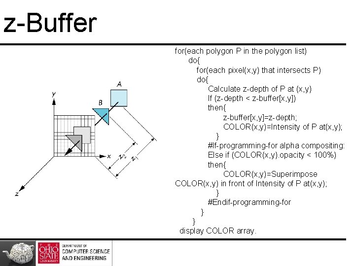 z-Buffer for(each polygon P in the polygon list) do{ for(each pixel(x, y) that intersects z-Buffer for(each polygon P in the polygon list) do{ for(each pixel(x, y) that intersects