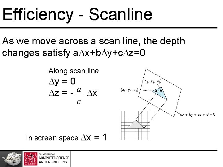 Efficiency - Scanline As we move across a scan line, the depth changes satisfy Efficiency - Scanline As we move across a scan line, the depth changes satisfy