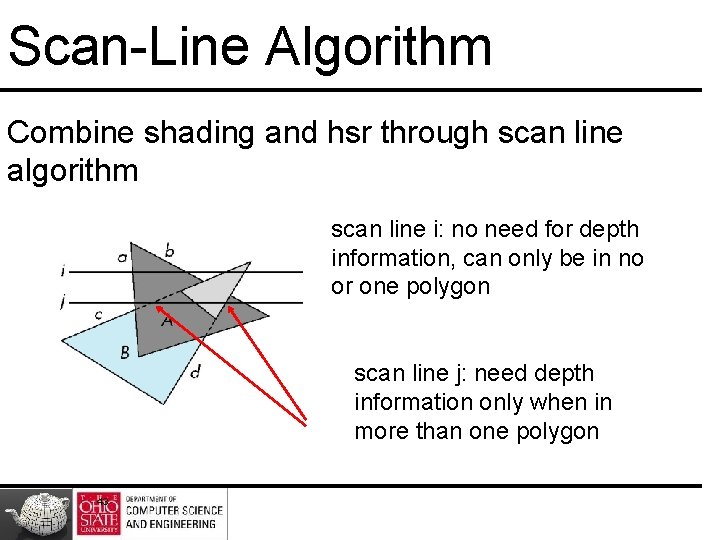 Scan-Line Algorithm Combine shading and hsr through scan line algorithm scan line i: no Scan-Line Algorithm Combine shading and hsr through scan line algorithm scan line i: no