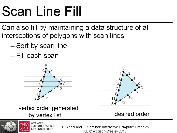 Scan Line Fill Can also fill by maintaining a data structure of all intersections Scan Line Fill Can also fill by maintaining a data structure of all intersections