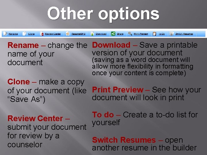 Other options Rename – change the name of your document Download – Save a