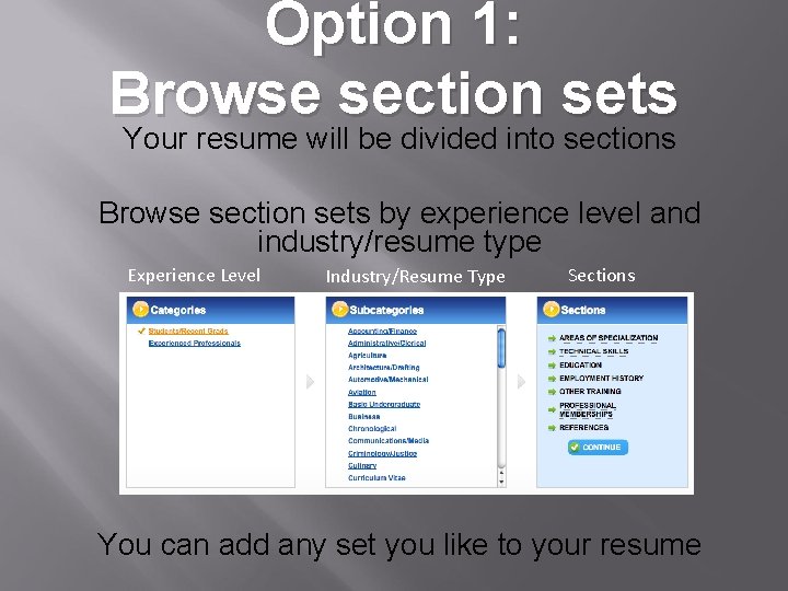 Option 1: Browse section sets Your resume will be divided into sections Browse section