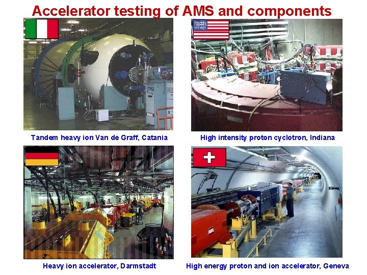 Accelerator testing of AMS and components Tandem heavy ion Van de Graff, Catania High