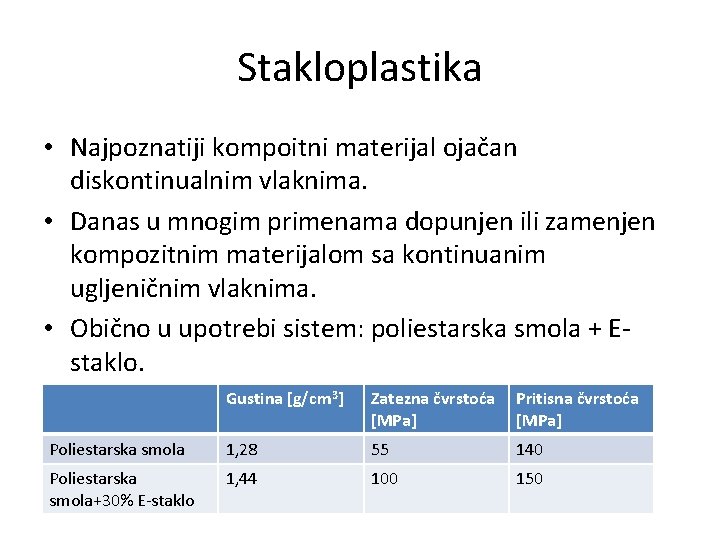 Stakloplastika • Najpoznatiji kompoitni materijal ojačan diskontinualnim vlaknima. • Danas u mnogim primenama dopunjen