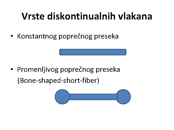 Vrste diskontinualnih vlakana • Konstantnog poprečnog preseka • Promenljivog poprečnog preseka (Bone-shaped-short-fiber) 