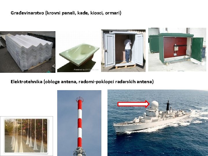 Građevinarstvo (krovni paneli, kade, kiosci, ormari) Elektrotehnika (obloge antena, radomi-poklopci radarskih antena) 
