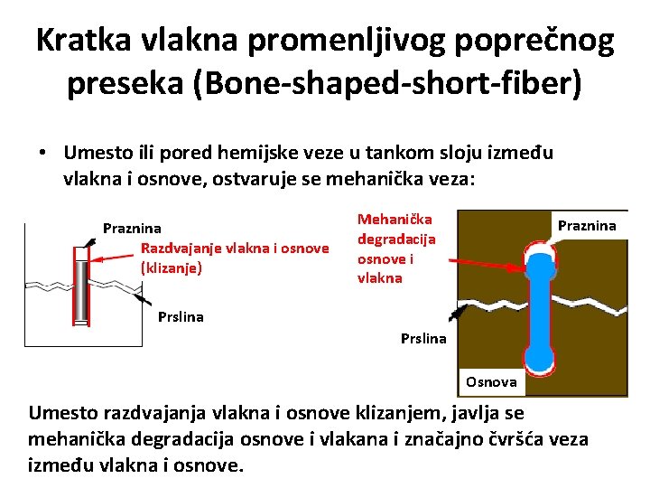 Kratka vlakna promenljivog poprečnog preseka (Bone-shaped-short-fiber) • Umesto ili pored hemijske veze u tankom