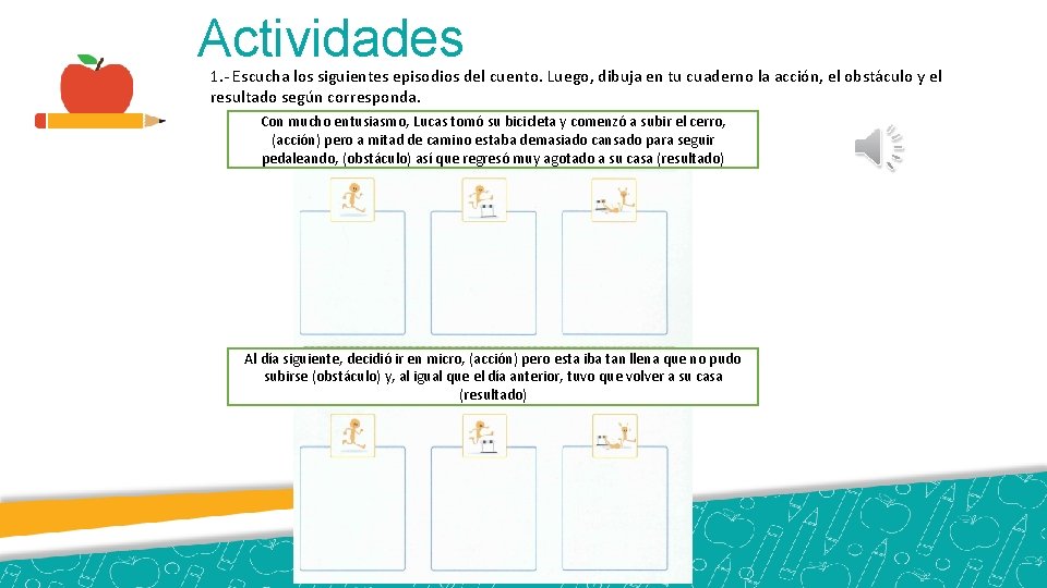 Actividades 1. - Escucha los siguientes episodios del cuento. Luego, dibuja en tu cuaderno