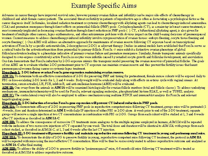 Example Specific Aims Advances in cancer therapy have improved survival rates; however primary ovarian Example Specific Aims Advances in cancer therapy have improved survival rates; however primary ovarian