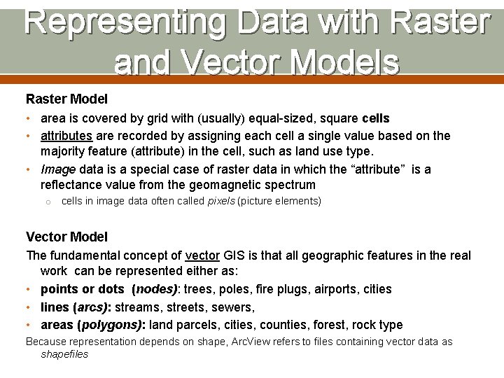 Representing Data with Raster and Vector Models Raster Model • area is covered by