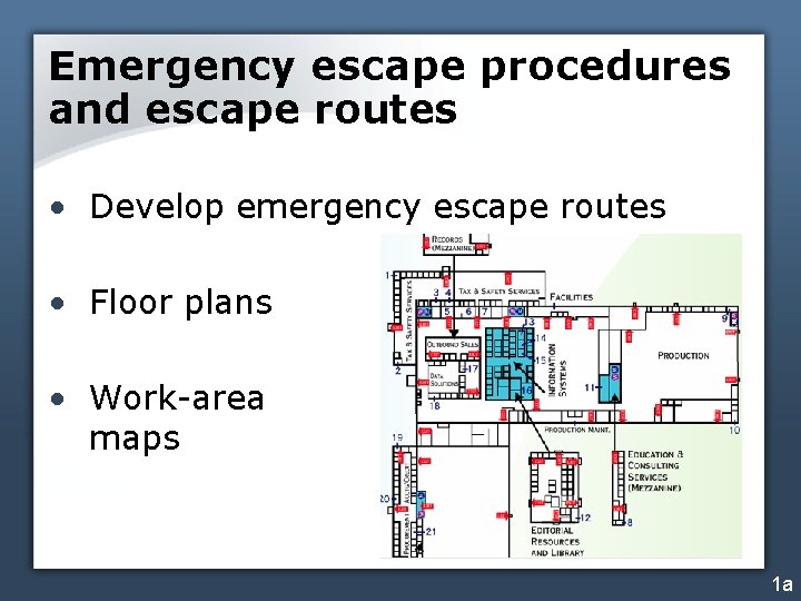 Emergency escape procedures and escape routes • Develop emergency escape routes • Floor plans