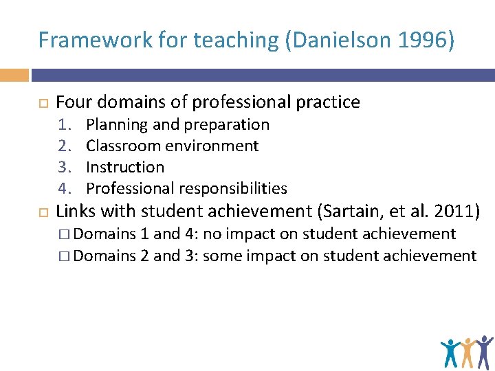 Framework for teaching (Danielson 1996) Four domains of professional practice 1. 2. 3. 4.