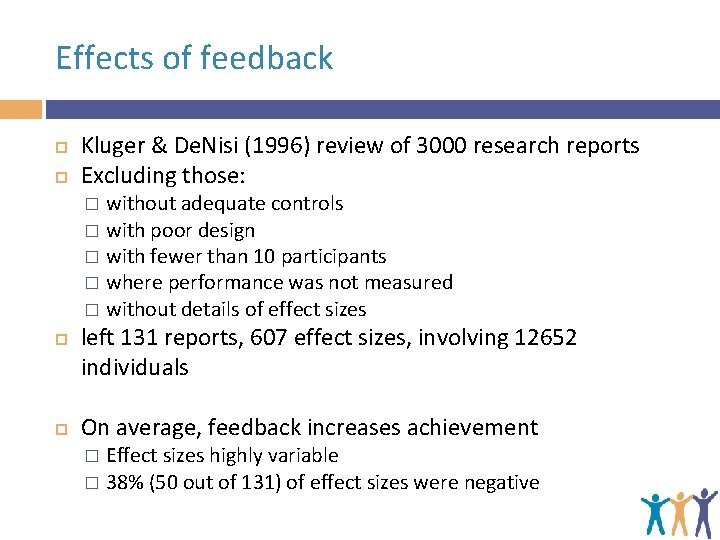 Effects of feedback Kluger & De. Nisi (1996) review of 3000 research reports Excluding