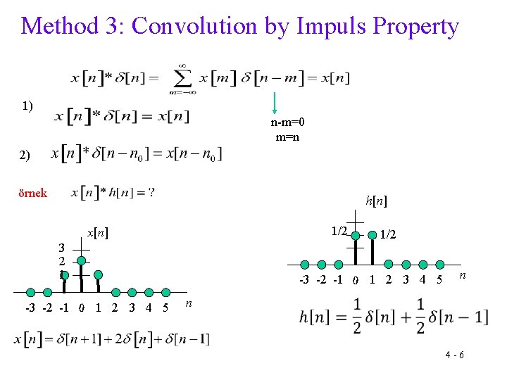 Method 3: Convolution by Impuls Property 1) n-m=0 m=n 2) örnek h[n] 1/2 x[n]