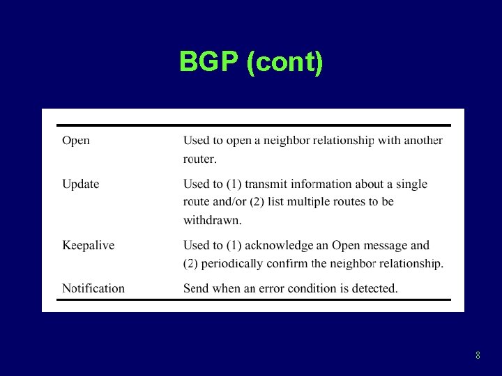 BGP (cont) 8 
