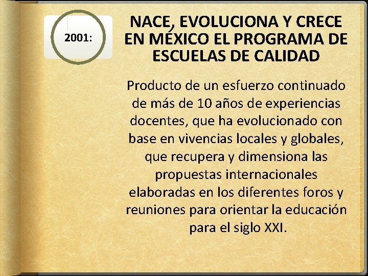 2001: NACE, EVOLUCIONA Y CRECE EN MÉXICO EL PROGRAMA DE ESCUELAS DE CALIDAD Producto
