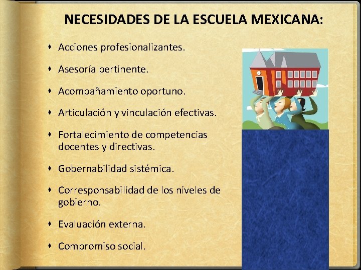 NECESIDADES DE LA ESCUELA MEXICANA: Acciones profesionalizantes. Asesoría pertinente. Acompañamiento oportuno. Articulación y vinculación