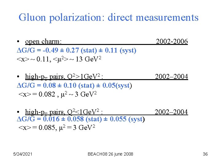 Gluon polarization: direct measurements • open charm: ΔG/G = -0. 49 ± 0. 27