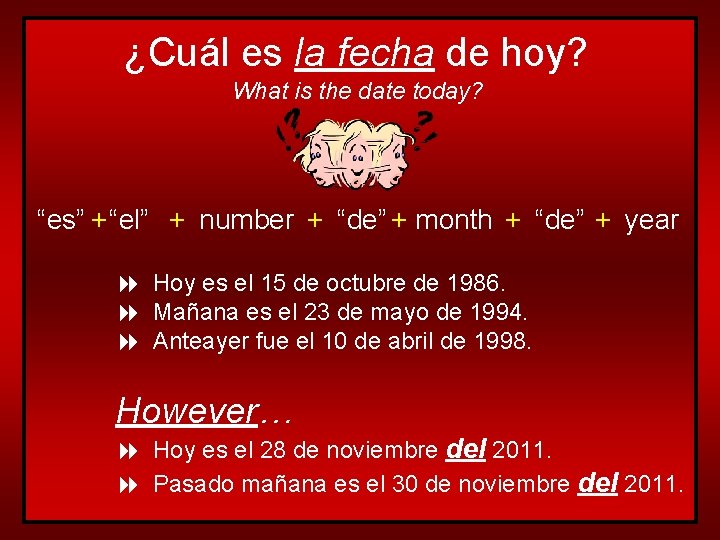 ¿Cuál es la fecha de hoy? What is the date today? “es” +“el” +