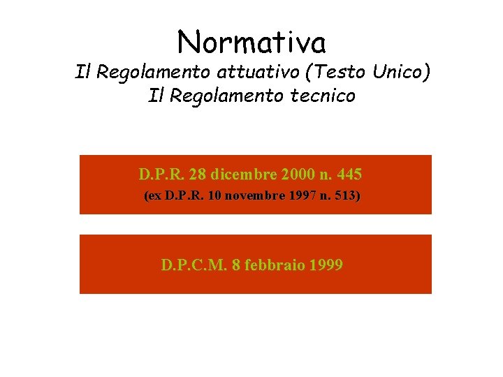 Normativa Il Regolamento attuativo (Testo Unico) Il Regolamento tecnico D. P. R. 28 dicembre