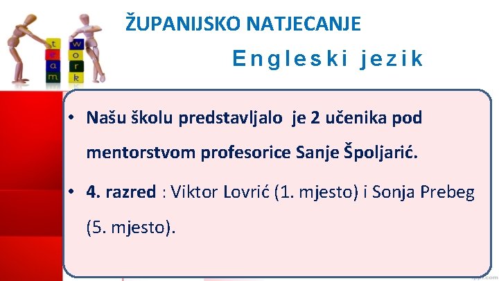 ŽUPANIJSKO NATJECANJE Engleski jezik • Našu školu predstavljalo je 2 učenika pod mentorstvom profesorice