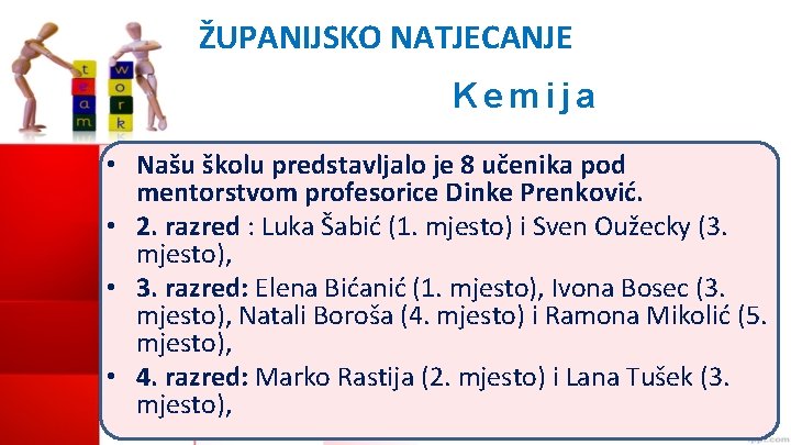 ŽUPANIJSKO NATJECANJE Kemija • Našu školu predstavljalo je 8 učenika pod mentorstvom profesorice Dinke