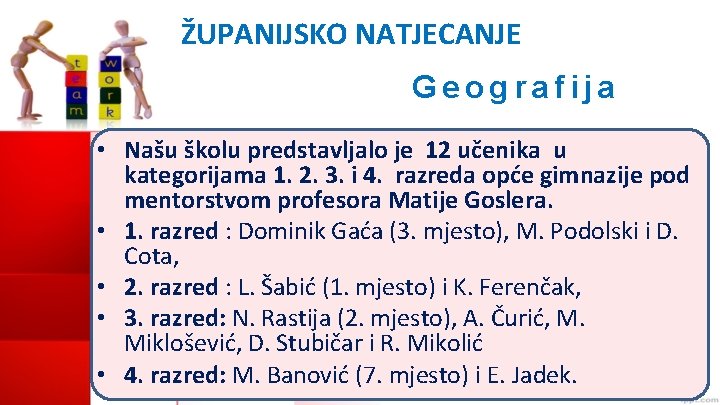 ŽUPANIJSKO NATJECANJE Geografija • Našu školu predstavljalo je 12 učenika u kategorijama 1. 2.