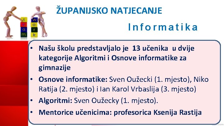 ŽUPANIJSKO NATJECANJE Informatika • Našu školu predstavljalo je 13 učenika u dvije kategorije Algoritmi