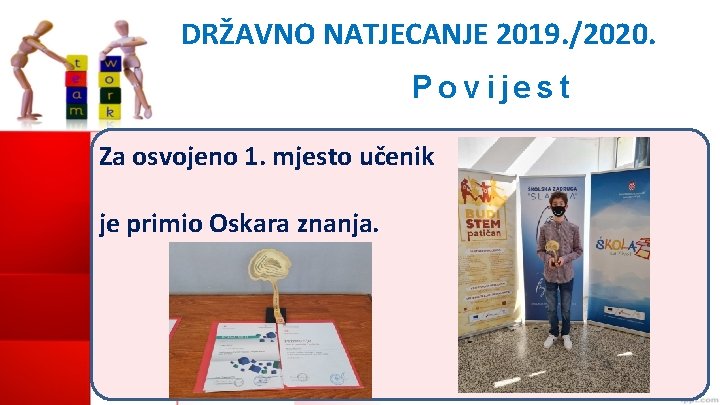 DRŽAVNO NATJECANJE 2019. /2020. Povijest Za osvojeno 1. mjesto učenik je primio Oskara znanja.